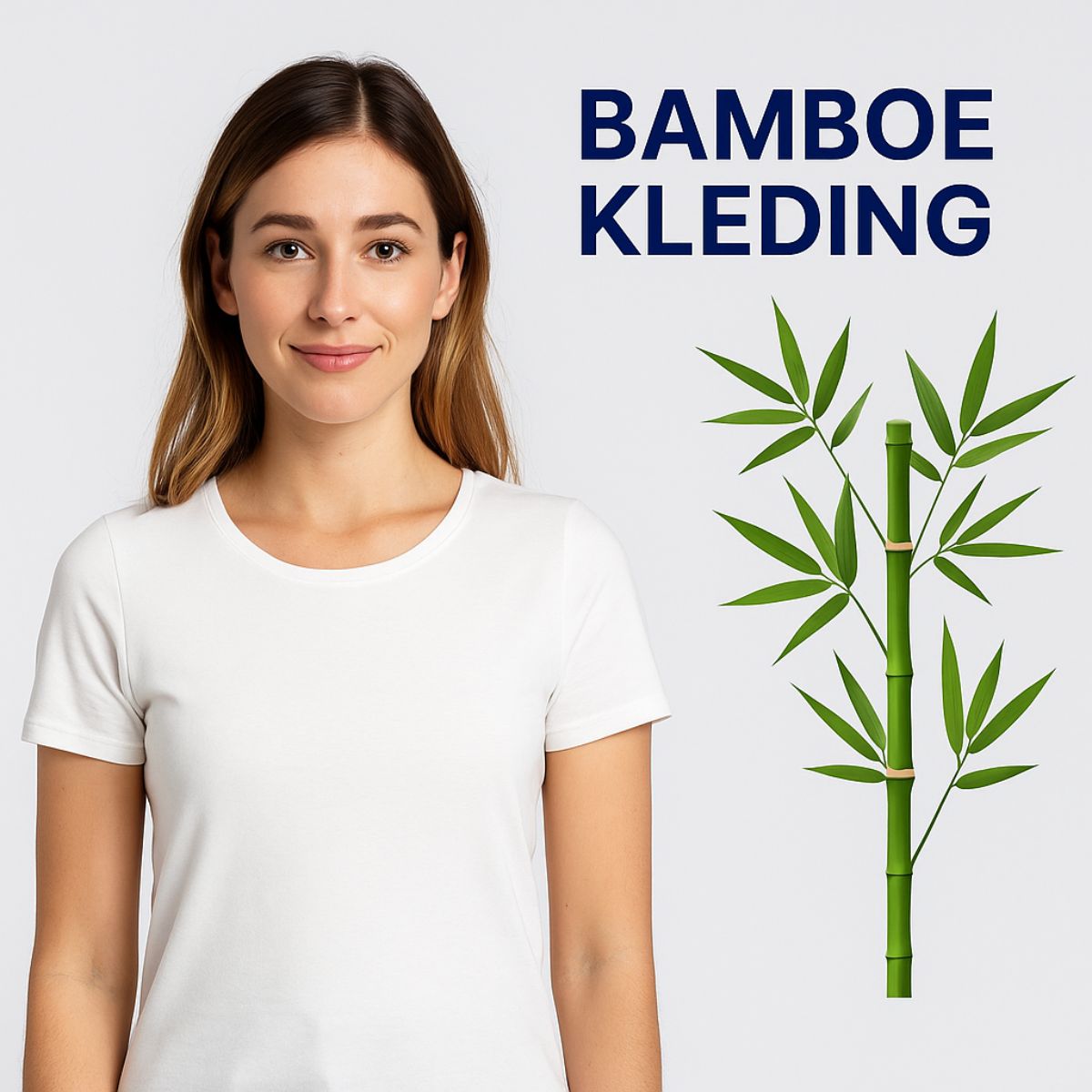 Vrouw draagt een wit bamboe ondershirt en kijkt tevreden, met een achtergrond van bamboebladeren voor een natuurlijke uitstraling.